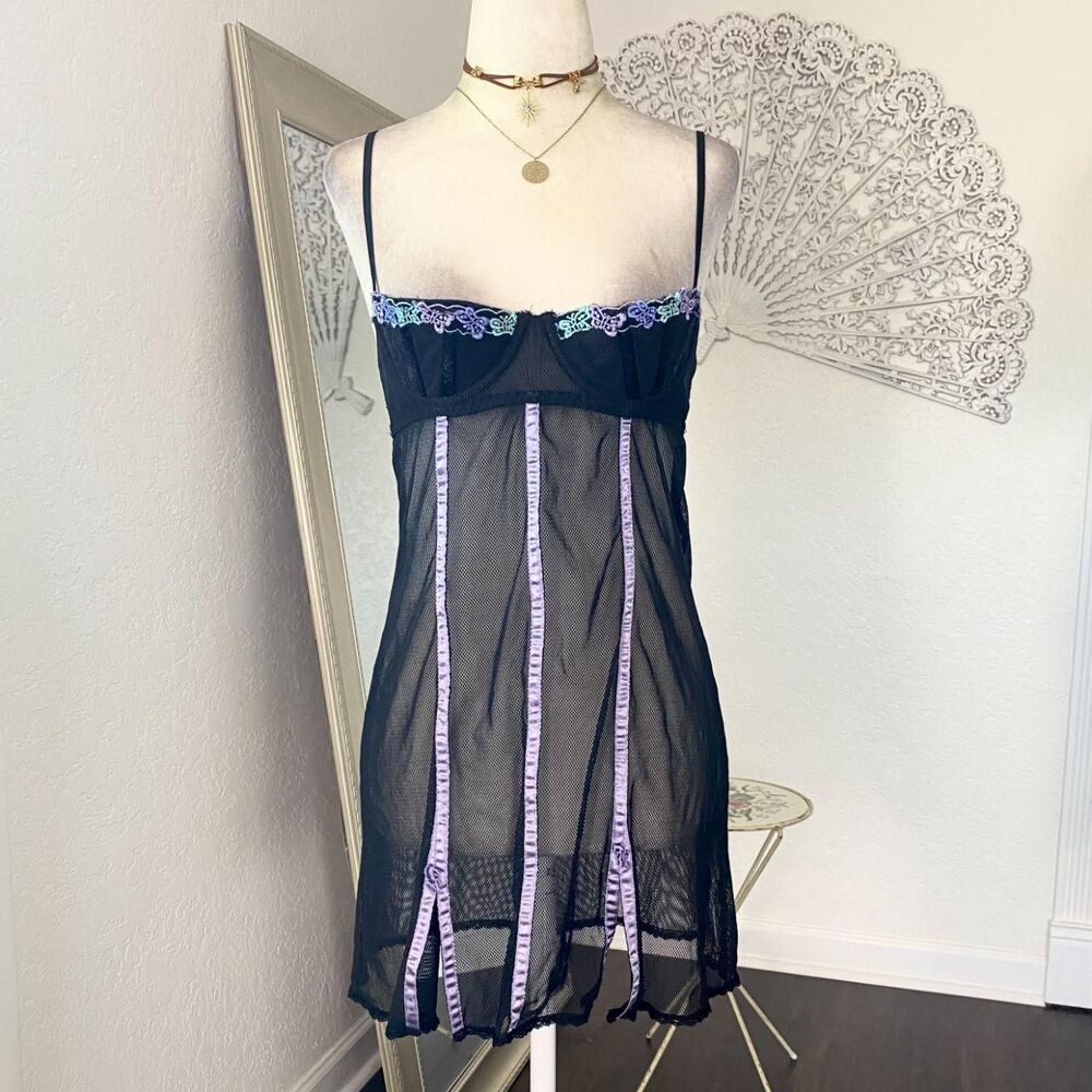 Frederick's Of Hollywood Vampy Goth Black Purple Fishnet Lingerie Slip Dress M